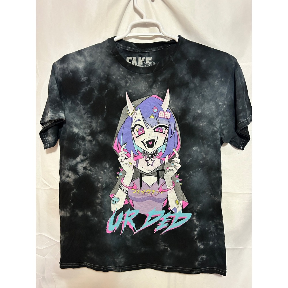 Fake Nerd UR DED Anime Girl Tie Dye Graphic T-Shirt Mens Large Black Grey